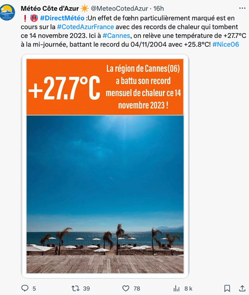 records chaleur Cannes 14 novembre 2023