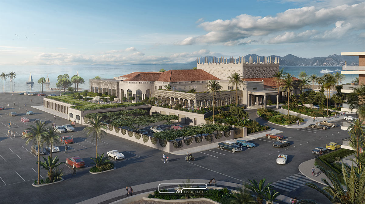Une vue de la façade où se trouve la future entrée du nouveau Palm Beach avec les parkings dont l'un en souterrain