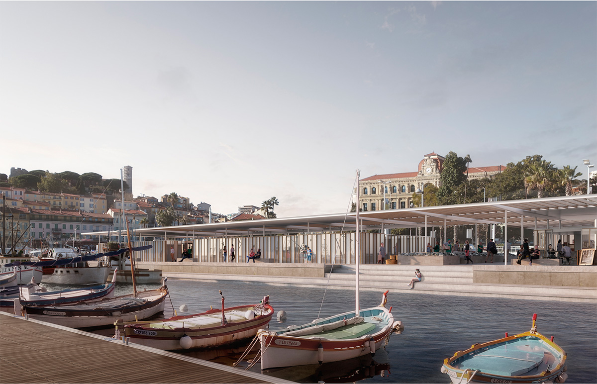 En face de la mairie de Cannes, le quai des pêcheurs réaménagé et mis en valeur avec la possibilité de vente directe.